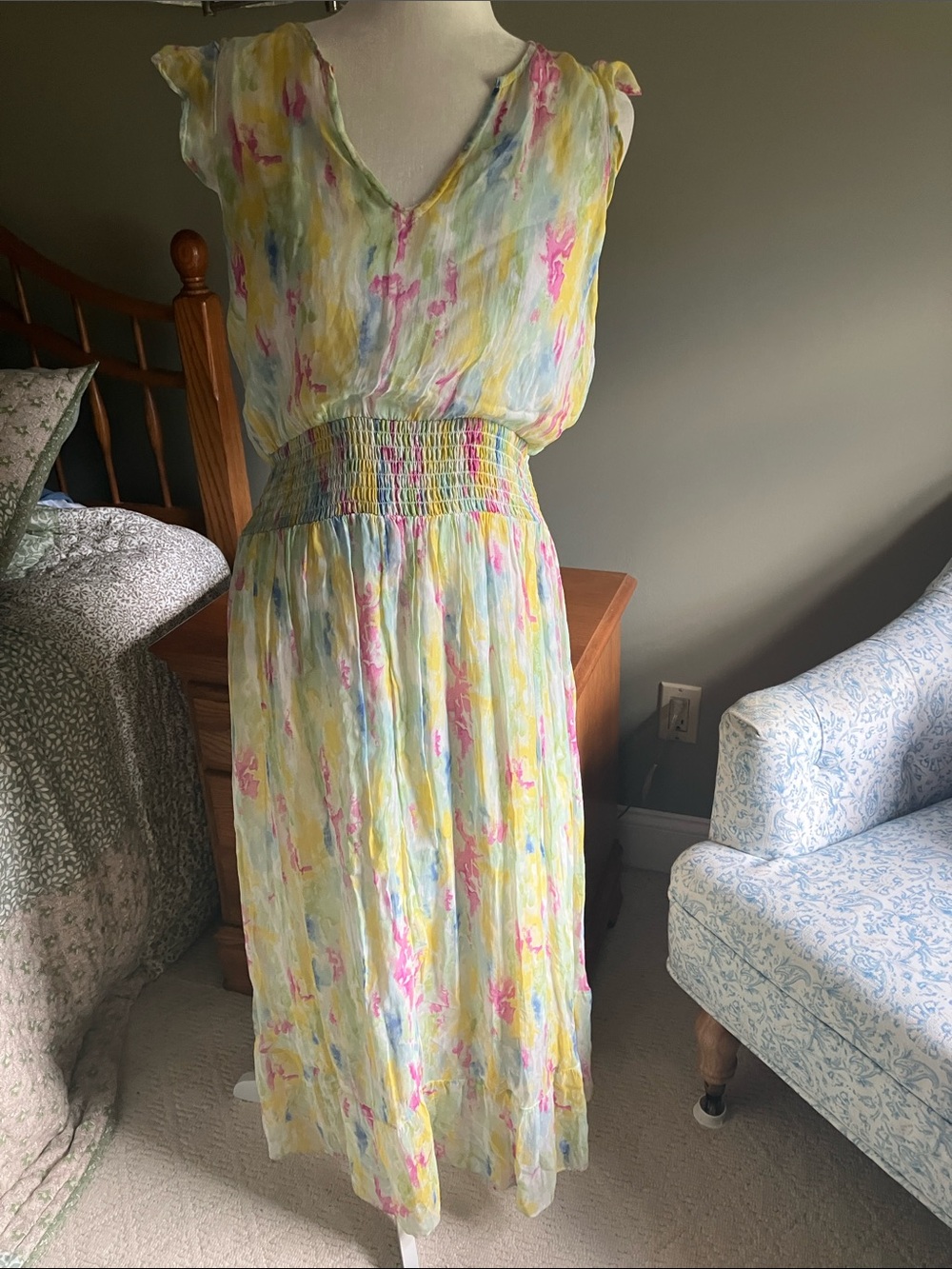Anthropologie Pastel Watercolor Dress Yellow Pink Blue Green no tassel 14 - Picture 1 of 13